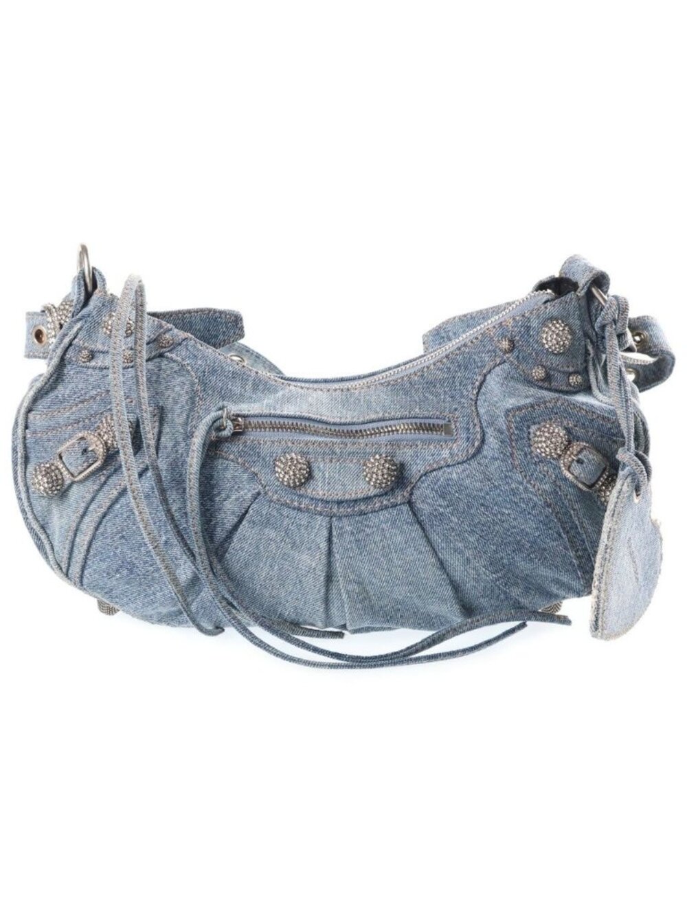 Balenciaga Le Cagole Rhinestone Denim Shoulder Bag Indigo Blue Silver